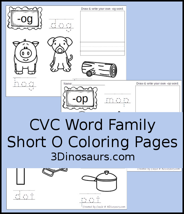 Free CVC Word Family Coloring Pages: Short O Vowel with -og,  -op, -ot  with tracing the words, coloring the pictures and draw their own short o word for the short o vowels plus ending - 3Dinosaurs.com 