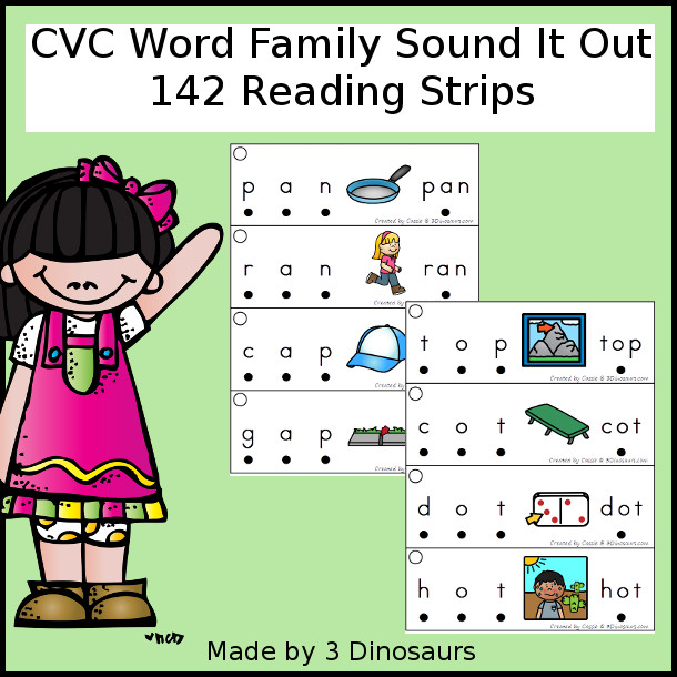 CVC Word Family Sound It Out Printable has sounding out the letter sounds and blending the letters together to make words. - 3Dinosaurs.com