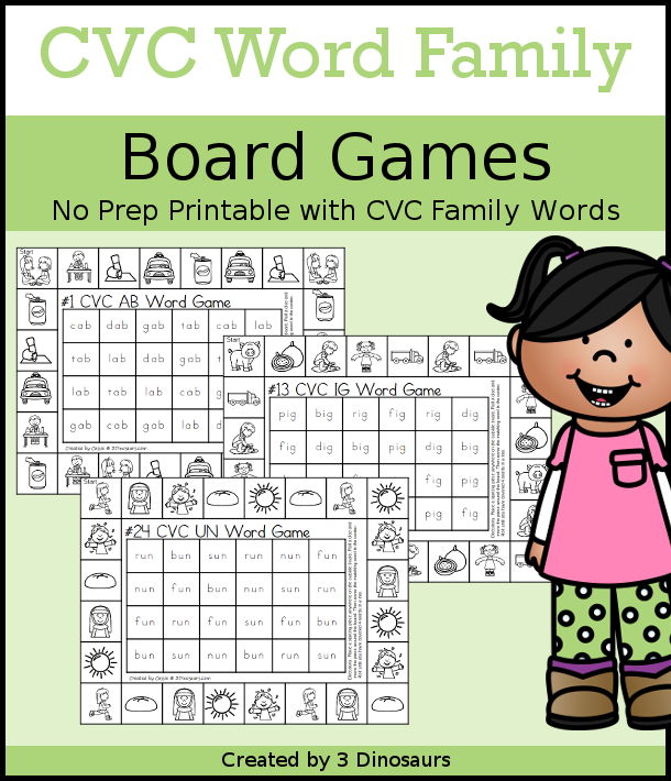 CVC Word Family Printable Games - with 24 board for kids to work on a mix of CVC words. All the games are done by word ending - 3Dinosaurs.com