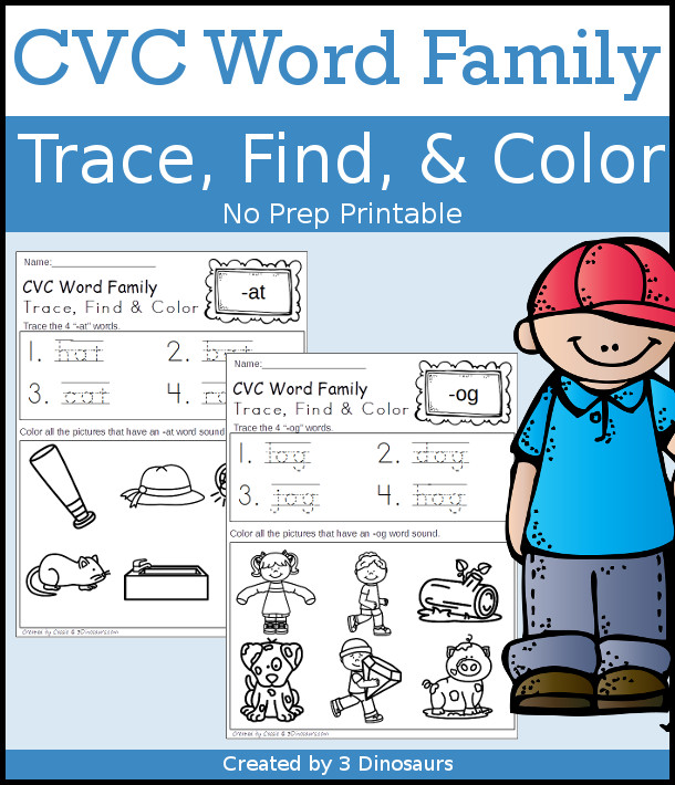 CVC Word Family Trace, Find & Color with 28 word family endings, no-prep printable $ - 3Dinosaurs.com