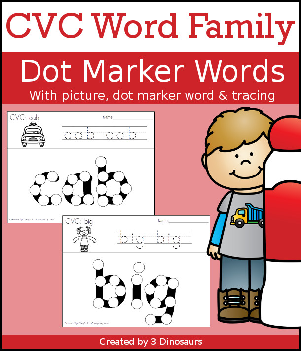 CVC Word Family Dot Marker Words With Tracing - 162 pages of printables for kids to work on the CVC words with matching picture and tracing for the dot marker word - 3Dinosaurs.com