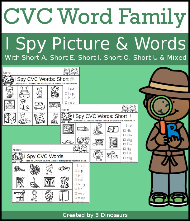 CVC Word Family I Spy Short Vowel Selling Set with mat for short a, e, i, o u and a set with mixed CVC words with 40 pages of printables- 3Dinosaurs.com