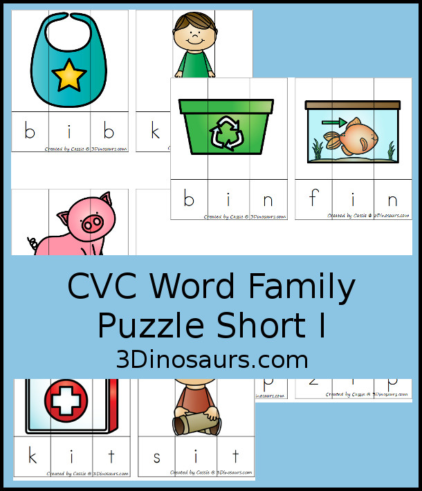 Free CVC Word Family Puzzles Short I - 3 piece puzzles for kids  to work on building and learning CVC words with:  -ib, -id, -ig, -in, -ip -it- 3Dinosaurs.com