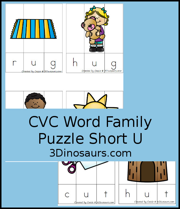 Free CVC Word Family Puzzles Short U - 3 piece puzzles for kids  to work on building and learning CVC words with  -ug, -un, -ut- 3Dinosaurs.com