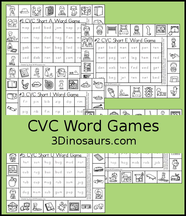 Free CVC Word Printable Games - 5 fun games with CVC short a words, CVC short e words, CVC short i words, CVC short o words, CVC sort u words with pictures outside and words to find in the middle. A great review for CVC words- 3Dinosaurs.com