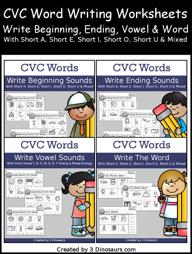 CVC Word Writing Bundle - works on short vowel sound words with CVC beginning sound, CVC short vowel sound, CVC ending sound, and writing CVC short vowel words - 3Dinosaurs.com