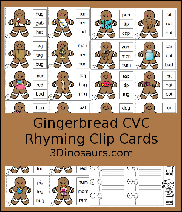 Free Gingerbread Man CVC Rhyming Clip Cards - 9 pages of printables with short a, short e, short i, short o and short u - 3Dinosaurs.com