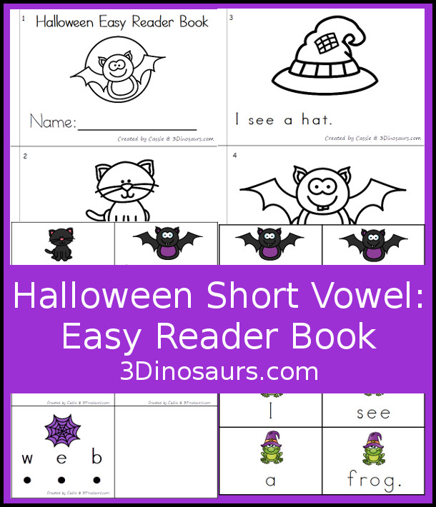 Free Halloween Short Vowel Easy Reader Book - A fun 6 page book for working on simple sentences in an easy reader book with sound it out cards and pocket chart sentence cards. 3Dinosaurs.com