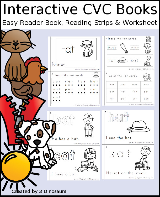 CVC Interactive Word Books with 23+ word endings in an interactive easy reader book, no-prep worksheets and reader strips $ - 3Dinosaurs.com