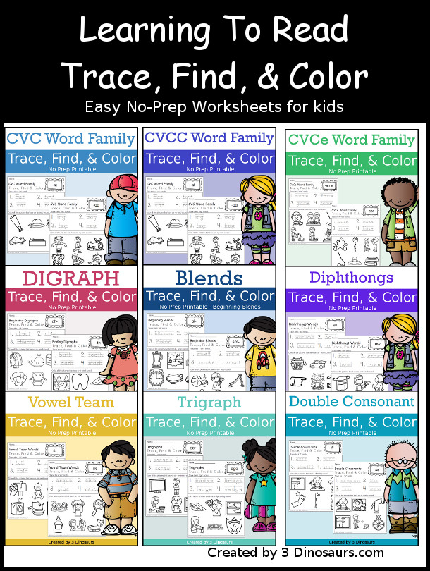 Easy No-Prep Trace Find & Color Printables for CVC Word Family, CVCC Word Family, CVCe Word Family, Blends, Digraphs, Tripgrah, Diphthongs, and Vowel Teams $ - 3Dinosaurs.com #printablesforkids #noprep #learningtoread #tpt #teacherspayteachers  - 3Dinosaurs.com