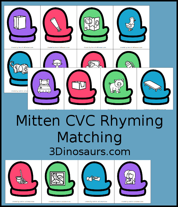 Free Mittens Rhyming Matching CVC Words - You have 12 rhyming matching CVC words for kids to match. With three short a, two short e, two short i, three short o, and two short u - 3Dinosaurs.com