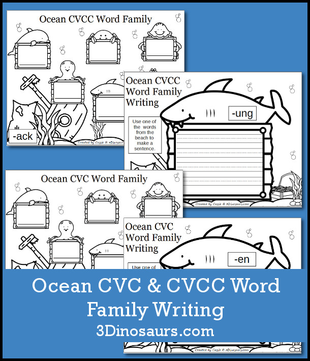 Free Ocean Themed CVC & CVCC Word Family Writing - over 100 pages of printables - 3Dinosaurs.com