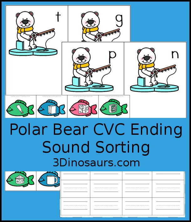 Free Polar Bear Ending CVC Word Sounds Sorting Printable - with sorting cvc words ending in g, t, n, and p. You have four fish for each mat and a recording sheet for the fish. - 3Dinosaurs.com