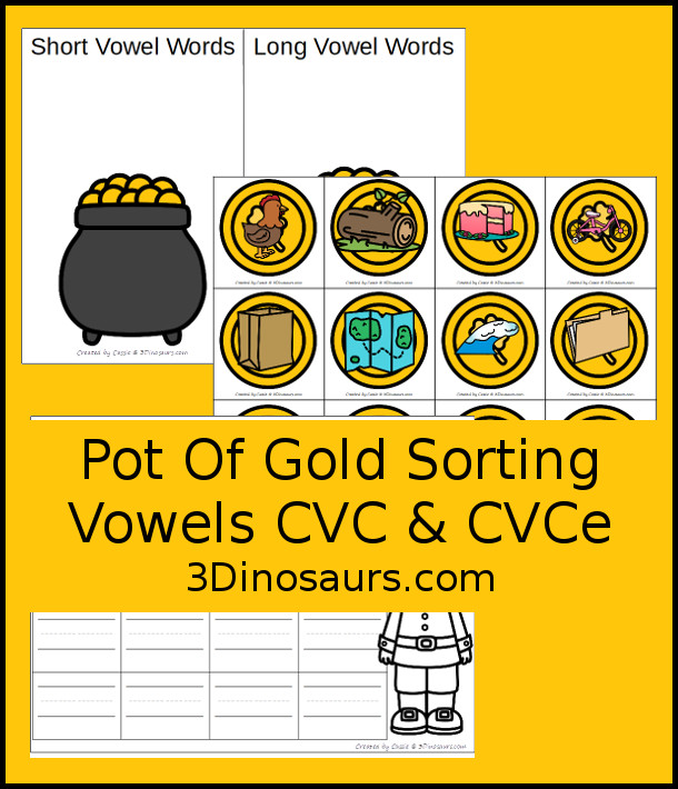 Free Pot of Gold Sorting CVC & CVCe - Printable for sorting 6 CVC and 6 CVCe words with a  sorting mat and recording sheet - 3Dinosaurs.com