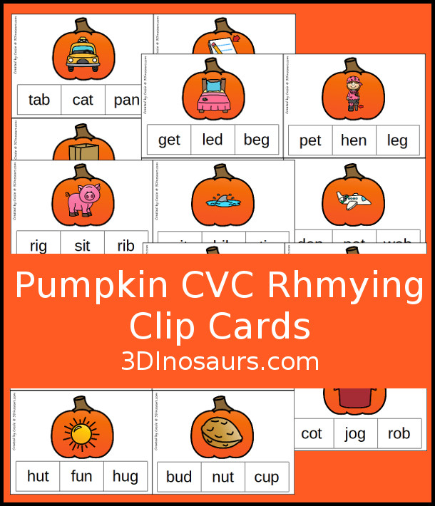 Free Pumpkin CVC Rhyming Clip Cards - 5 pages of printables with short a, short e, short i, short o and short u - 3Dinosaurs.com