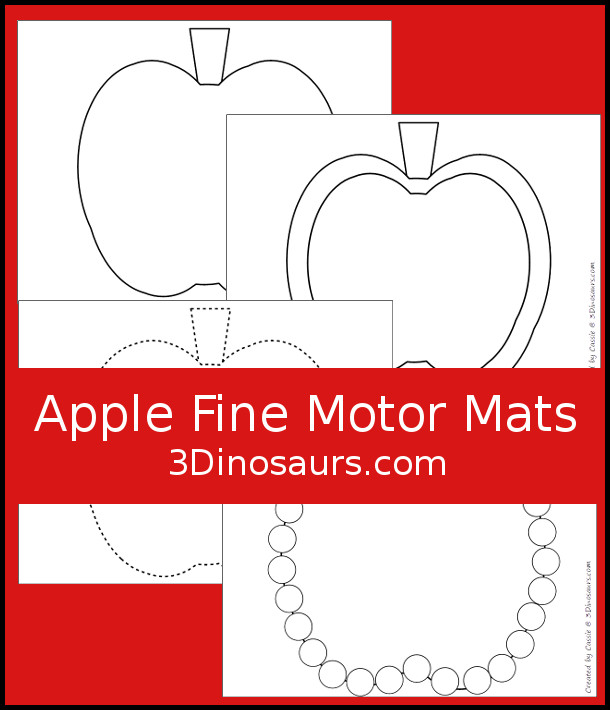 Free Apple Fine Motor Printable - with apple tracing, apple mat, apple playdough mats, apple dot marker - 3Dinosaurs.com