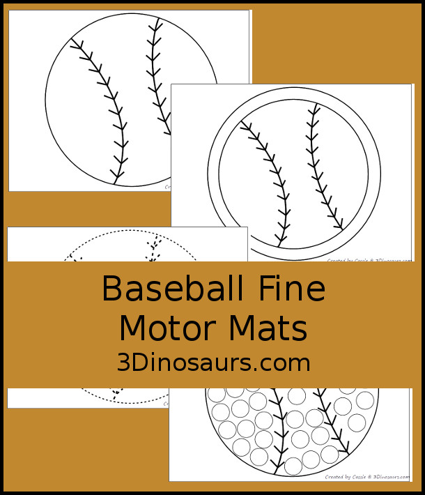 Free Baseball Fine Motor Mats - with a baseball template, baseball tracing, baseball circle playdough mat, and baseball dot marker printable - 3Dinosaurs.com