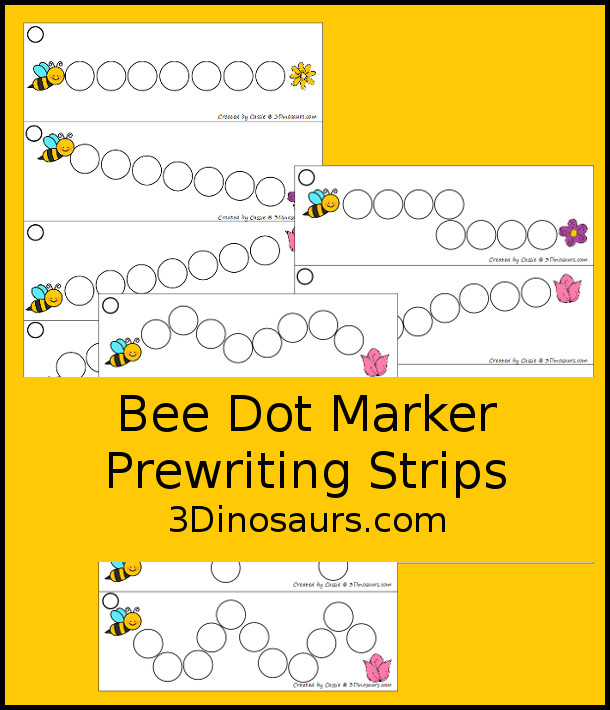 Free Bee Dot Marker Prewriting Printable - with 12 dot marker prewriting strips to use with kids in different dot marker lines that are great for younger hands to build fine motor skills. - 3Dinosaurs.com