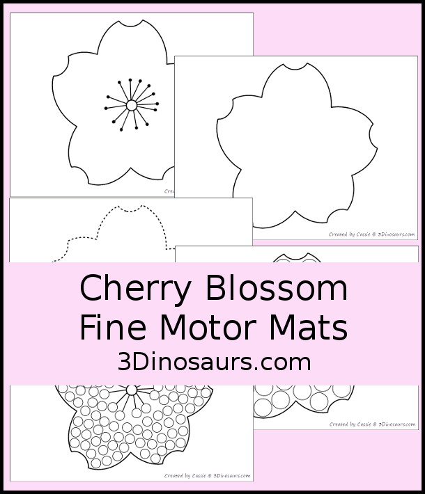 Free Cherry Blossom Fine Motor Mats has 2 cherry blossom templates, 1 cherry blossom tracing worksheet, 1 cherry blossom dot marker page, and 1 cherry blossom q-tip page - Easy Fine motor mats for the spring - 3Dinosaurs.com