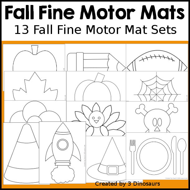 Fall Fine Motor Mat Printable Set with 8 different themes fine motor mats with dot markers, template, tracing, playdough mats and q-tip printables for building fine motor skills during the fall - 3Dinosaurs.com