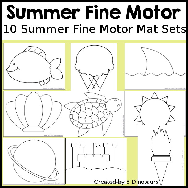 Summer Fine Motor Mat Printable Set with 7 different themes fine motor mats with dot markers, template, tracing, playdough mats and q-tip printables for building fine motor skills during the summer- 3Dinosaurs.com