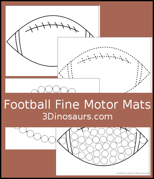 Free Football Fine Motor Dot Marker Printables - with four pages of printables with a football template to color, a football to trace and a dot marker football, all great for football fine motor centers. -3Dinosaurs.com