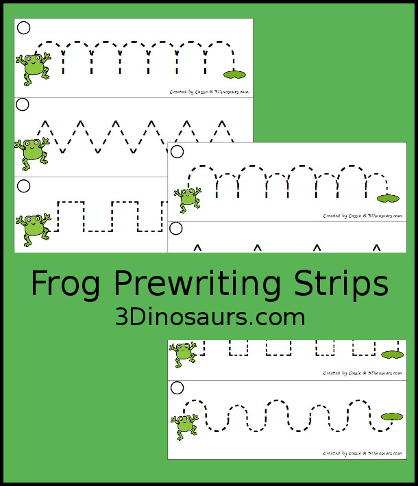 Free Frog Prewriting Strips - with 8 prewriting strips to use with kids with a fun frog jumping with 4 with the prewriting strokes the same size and a 4 more with prewriting patterns in different sizes of fonts. - 3Dinosaurs.com