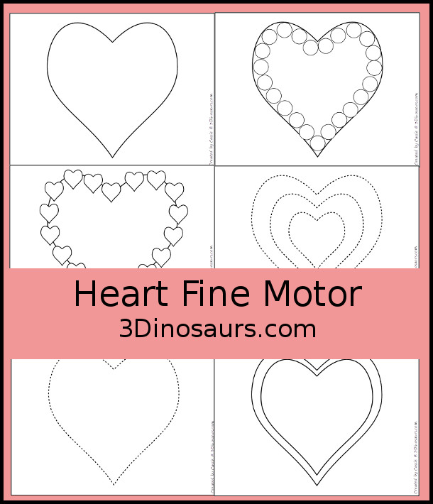 Free Heart Fine Motor Printables - with blank heart template, tracing hearts, dot marker hearts, and heart playdough mat - 3Dinosaurs.com