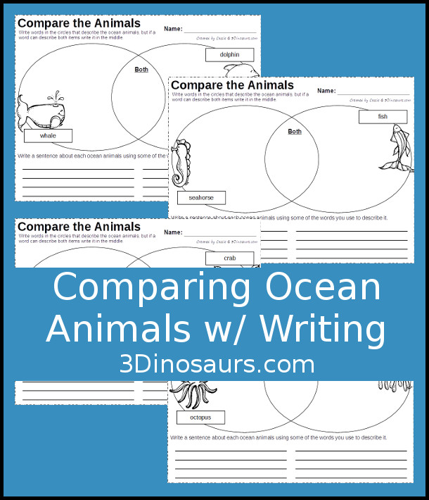 Free Comparing Ocean Animals with a Venn Diagram - no-prep printable with 4 pages comparing 2 animals per page with writing - 3Dinosaurs.com