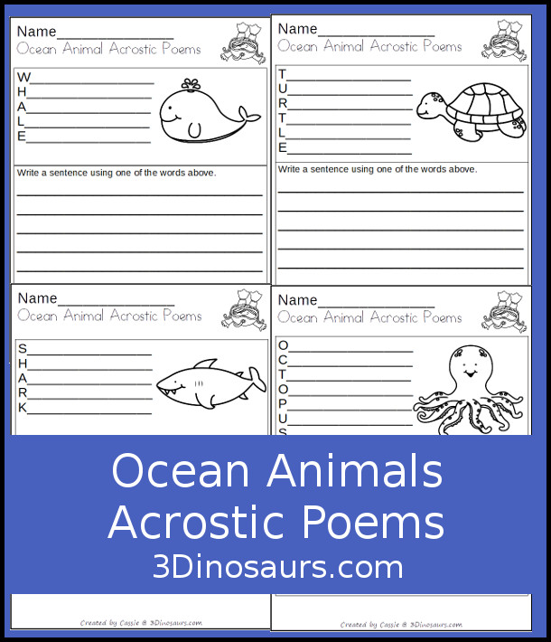 Free Ocean Animals Acrostic Poems - 6 ocean animals to make acrostic poems and do writing with.  - 3Dinosaurs.com