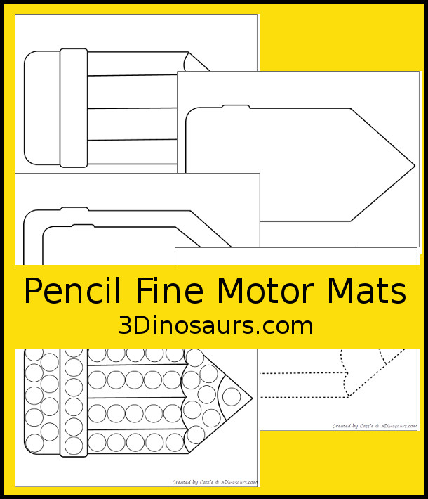 Free Pencil Fine Motor Mats with pencil templates, pencil outlines, pencil playdough mat, pencil tracing and pencil dot marker - All great printables for working on fine motor with kids. - 3Dinosaurs.com