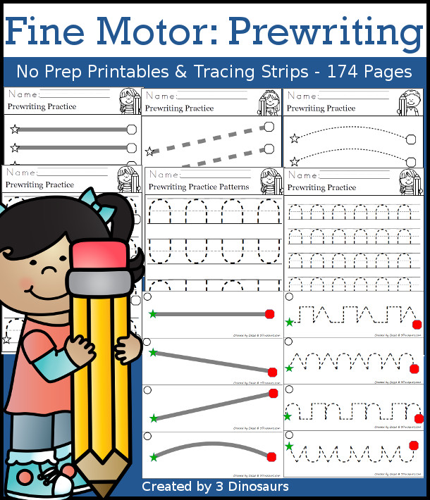 Fine Motor: Prewriting Set - 174 pages of printables for many different types of prewriting that grows with the student as they progress - 3Dinosaurs.com