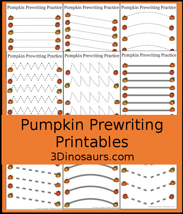 Free Pumpkin Prewriting Printables: dashed line, solid line, thick line dashed with 28 pages of prewriting printables for the fall- 3Dinosaurs.com