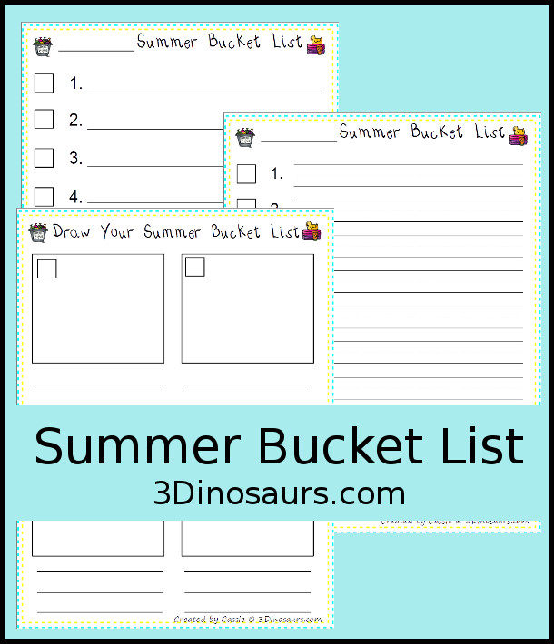 Free Blank Summer Bucket List - 3 options for writing the lists - 3Dinosaurs.com