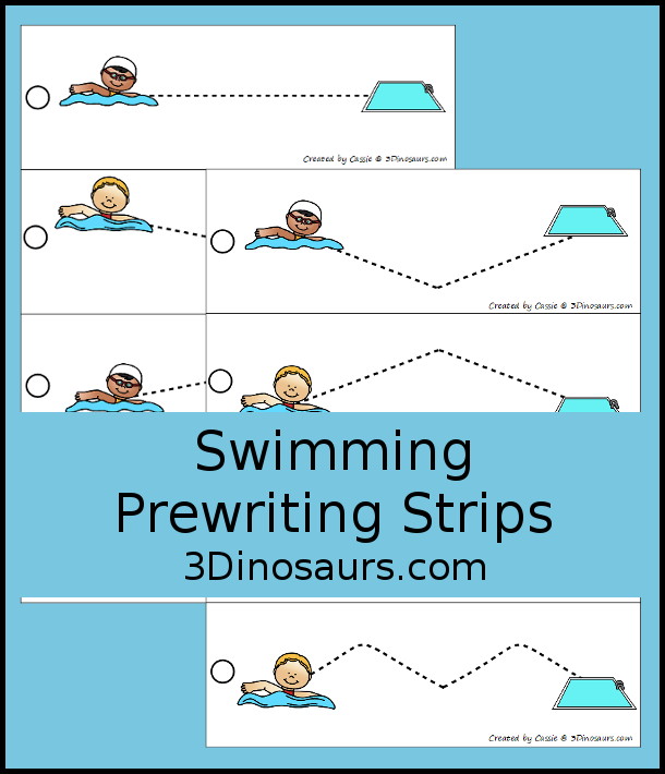 Free Swimming Prewriting Strips - has 8 different prewriting lines with a swimming them for summer and summer sports. The have fine dashed lines for kids to trace. - 3Dinosaurs.com