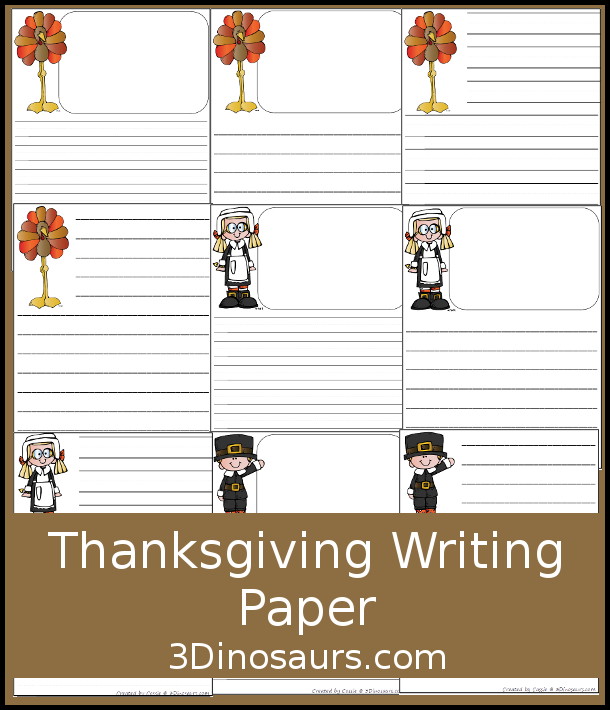 Free Thanksgiving Writing Paper: Turkey & Pilgrims - You type types of paper with two types of lines on the paper. You have your choice or paper with just lines and paper with lines and drawing area. - 3Dinosaurs.com