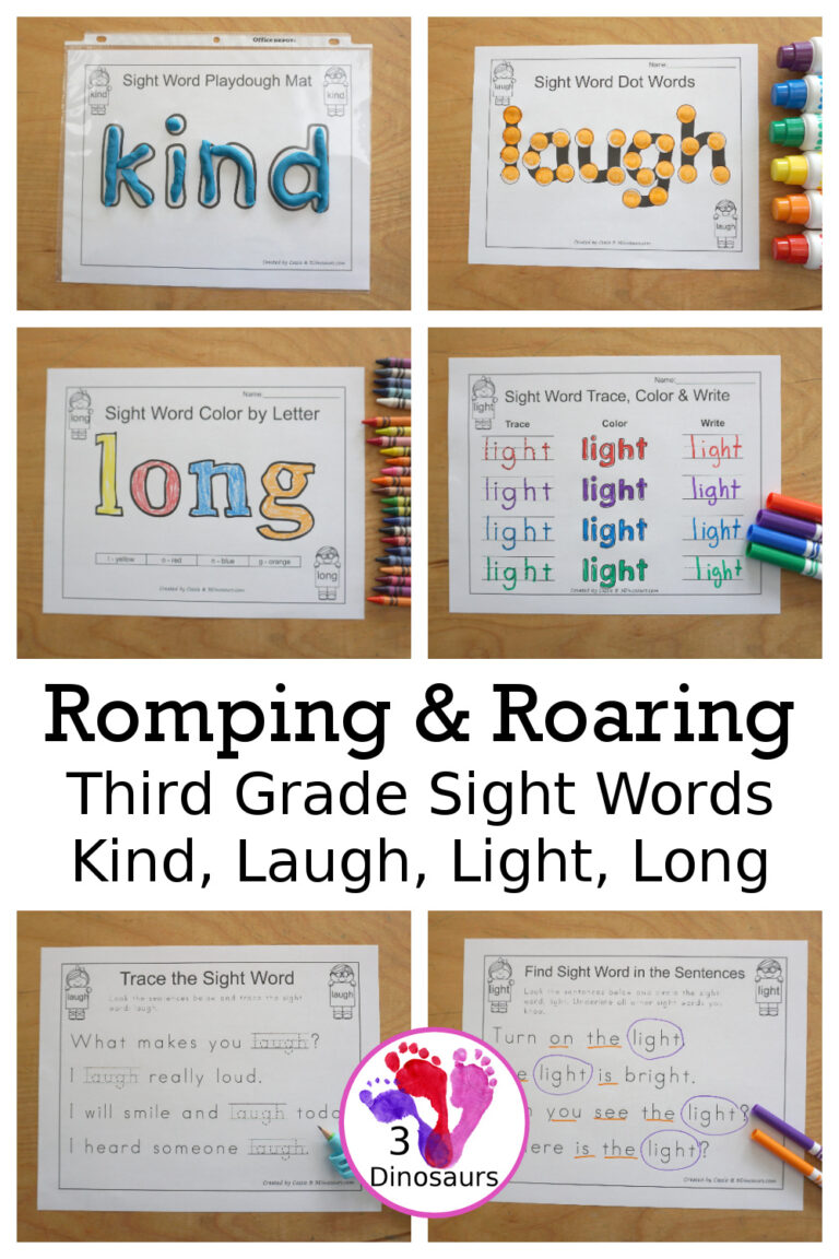 Free Romping & Roaring Third Grade Sight Words Packs Set 5: Kind, Laugh, Light, Long