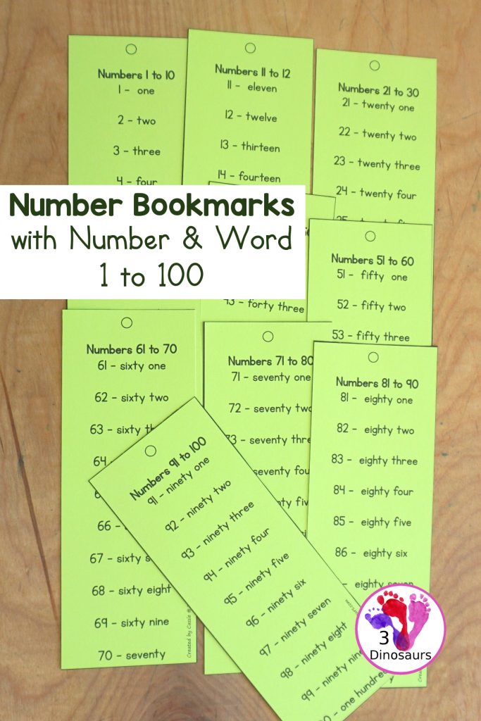 Free Number Word Bookmarks with Numbers 1 to 100 – 3 Dinosaurs