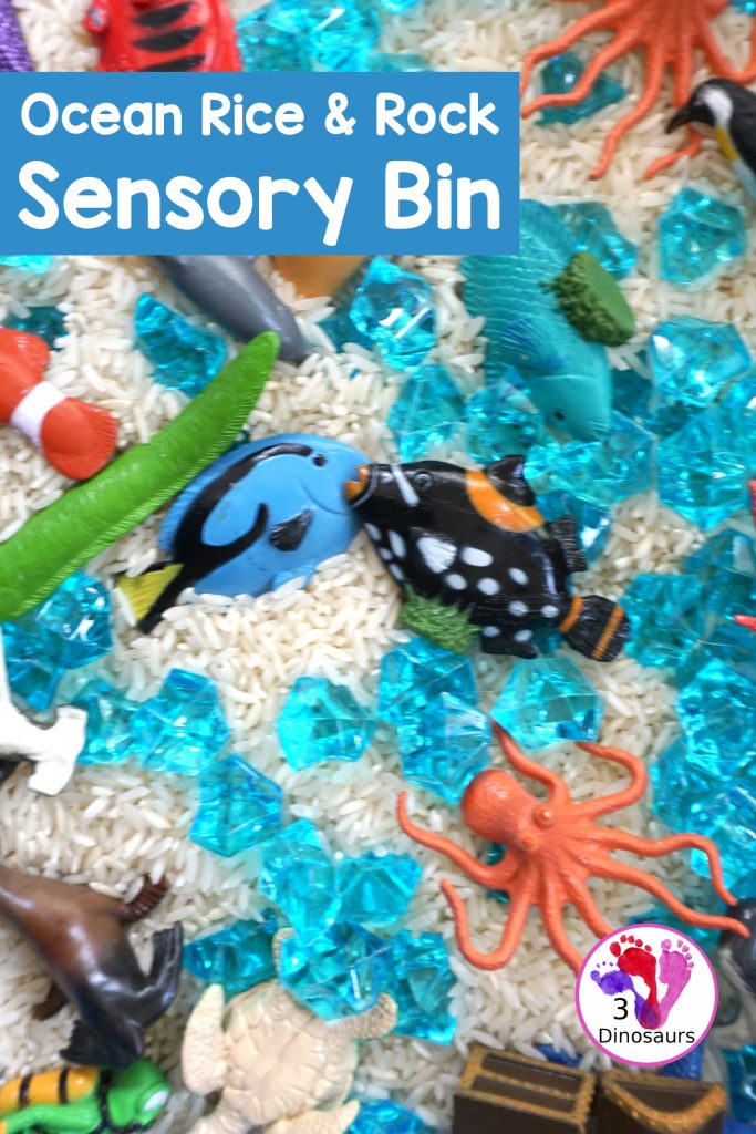 Ocean Rice And Rock Sensory Bin – 3 Dinosaurs