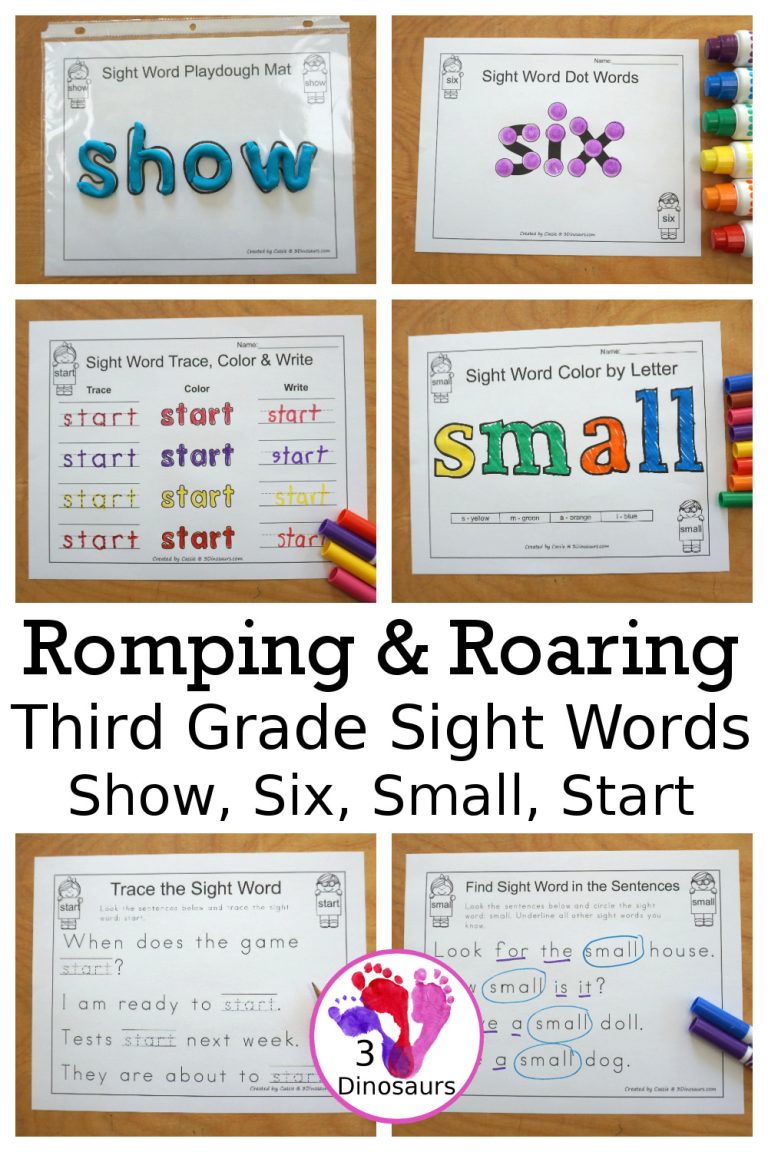 Free Romping & Roaring Third Grade Sight Words Packs Set 9: Show, Six, Small, Start