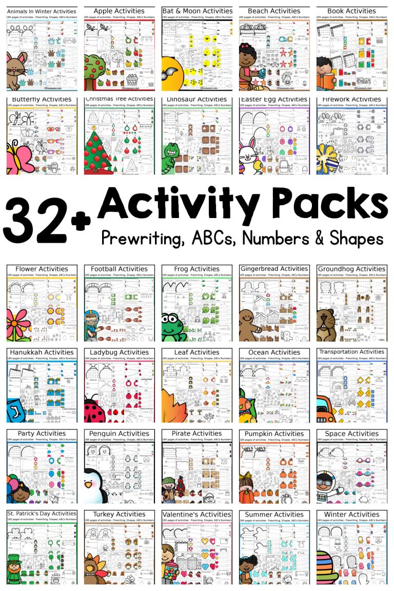 32+ Activity Packs with Prewriting, Shapes, ABCs, & Numbers