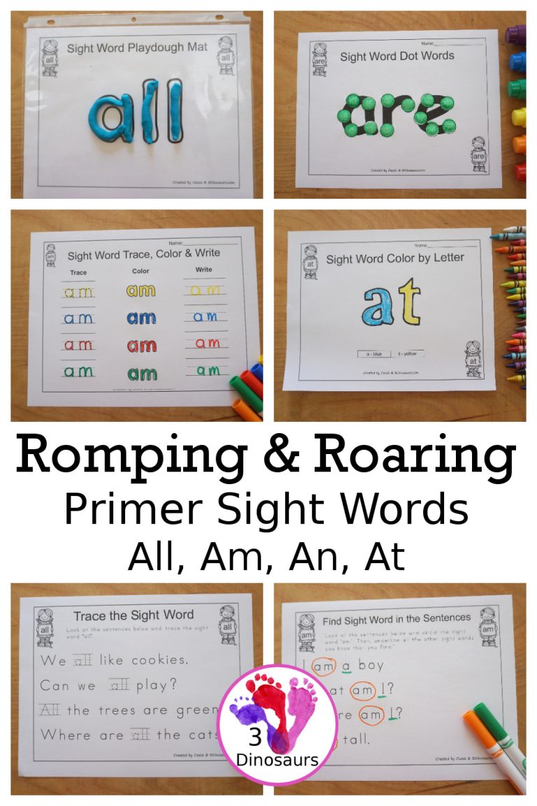 Free Romping & Roaring Primer Sight Words Packs Set 1: All, Am, Are, At